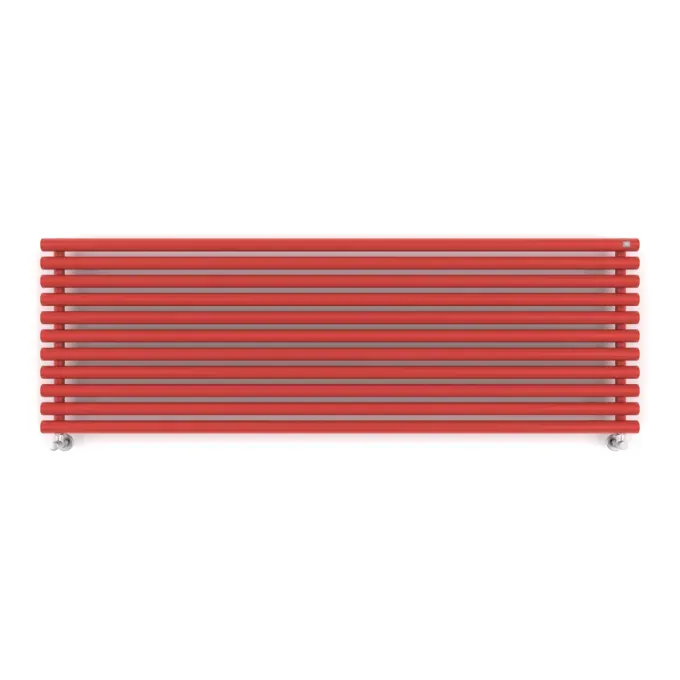 Designradiator Rolo Room H weergave in RAL 3028, rood, aan de wand in een interieur