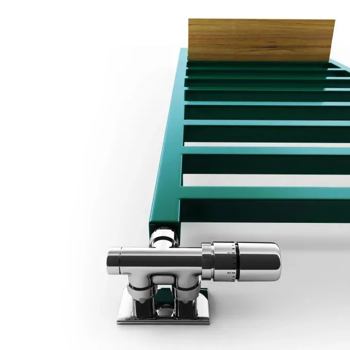 Handdoekradiator Simple detailopname van het blokvormige profiel in RAL 6026, donkergroen