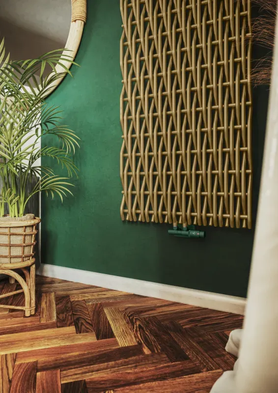 Designradiator Willow V detailopname in de groene afwerking Green Chlorophyll, in een woonkamer