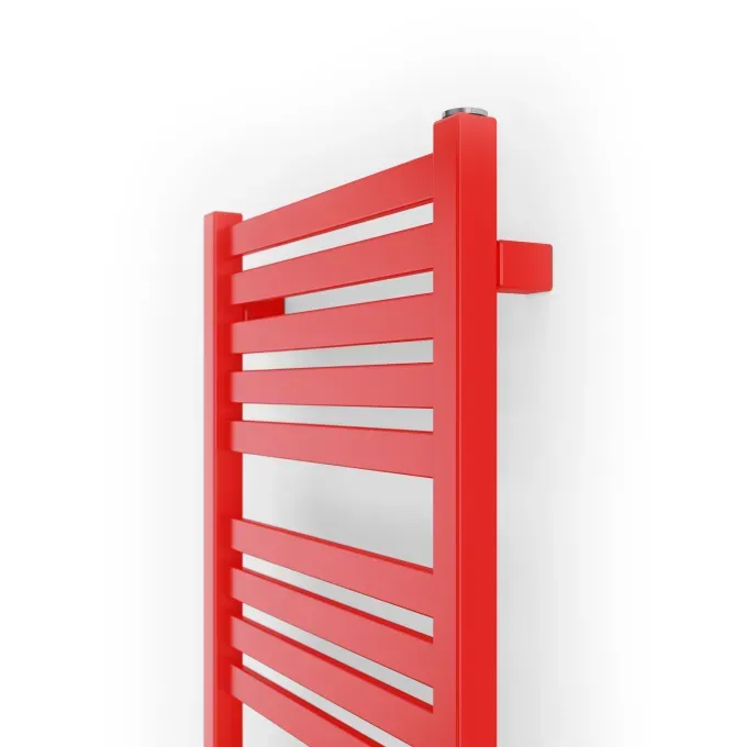Handdoekradiator Marlin One zijaanzicht in RAL 3028, rood, tegen een neutrale achtergrond
