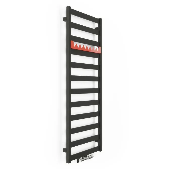 Handdoekradiator Vivo One detailopname van de vlakke buizen en de ophanging, in de afwerking Metallic Grey