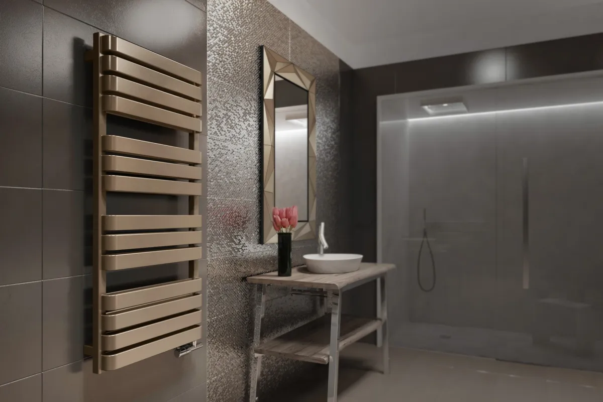 Handdoekradiator Warp T Bold horizontaal aan de wand in een strakke, moderne badkamer