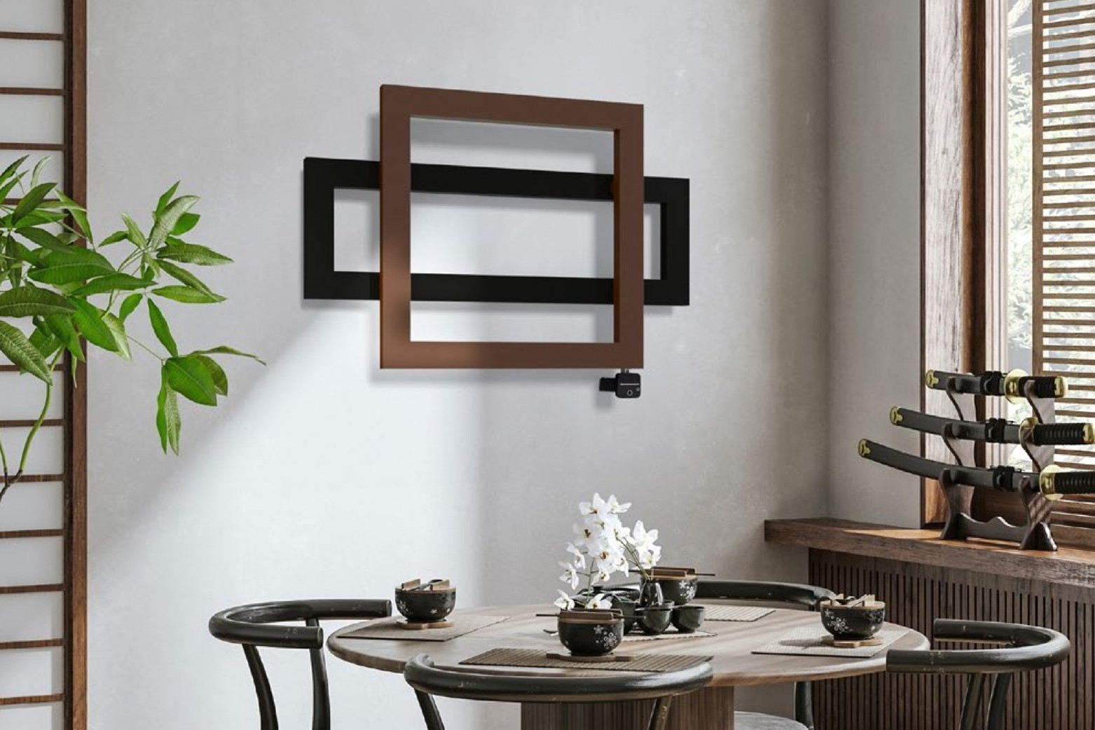 Elektrische designradiator geïnstalleerd in een eetkamer
