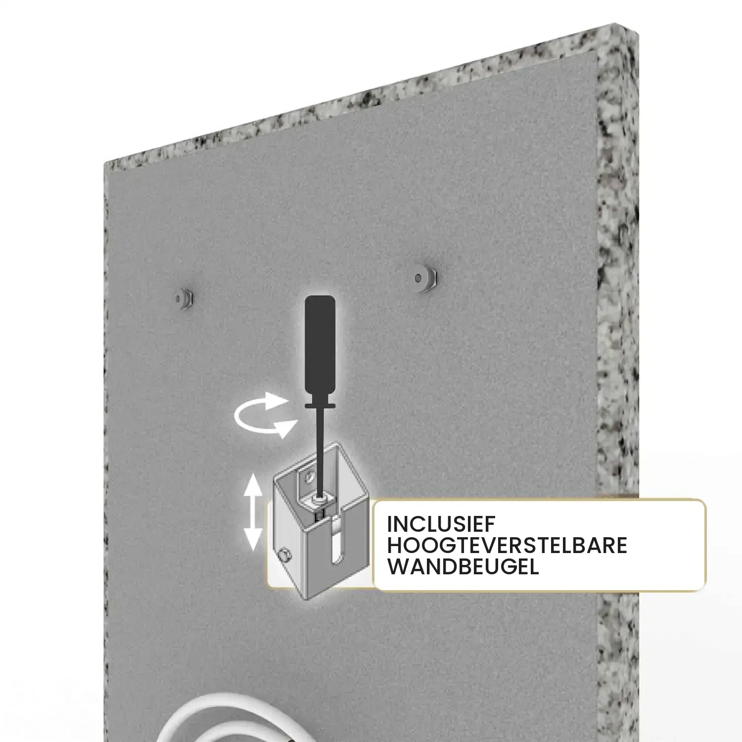 Designradiator Bethel White, achterzijde met hoogteverstelbare wandbeugel
