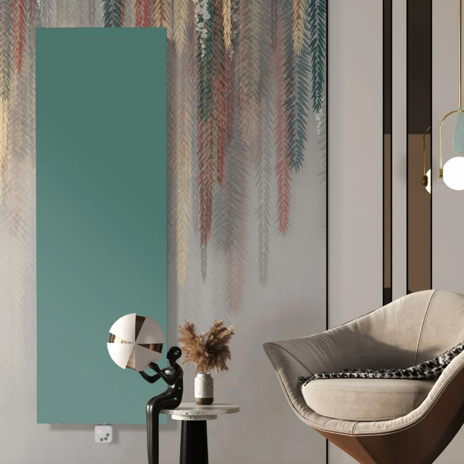 Designradiator Nova PPmix 2 in groenblauw aan de wand van een woonkamer, met het verwarmingselement onderaan