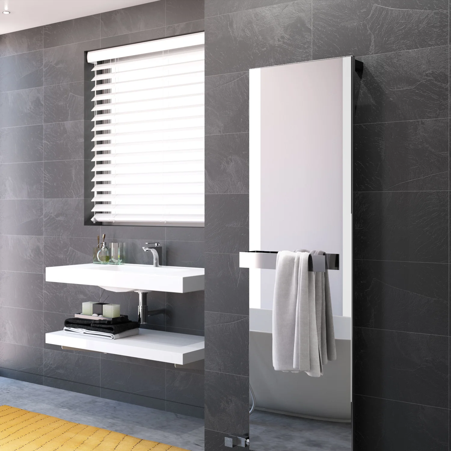 Designradiator Nova Spiegel met spiegelfront aan de wand van een badkamer