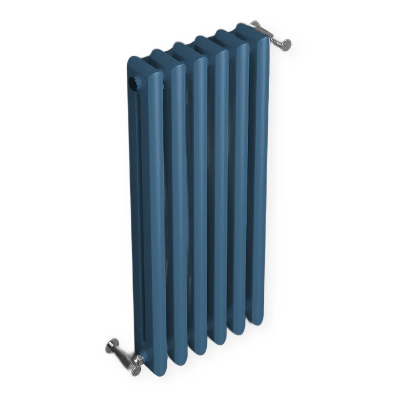 Designradiator Tosca 20 in RAL 5010 gentiaanblauw, schuin aanzicht op een witte achtergrond