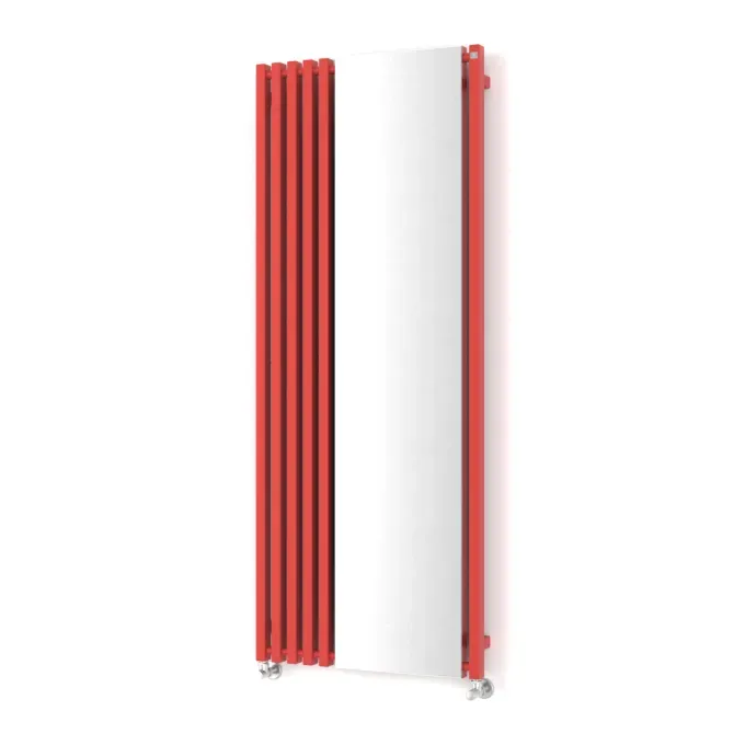 Designradiator Triga M in RAL 3028 zuiverrood, staand, met spiegel naast de buizen
