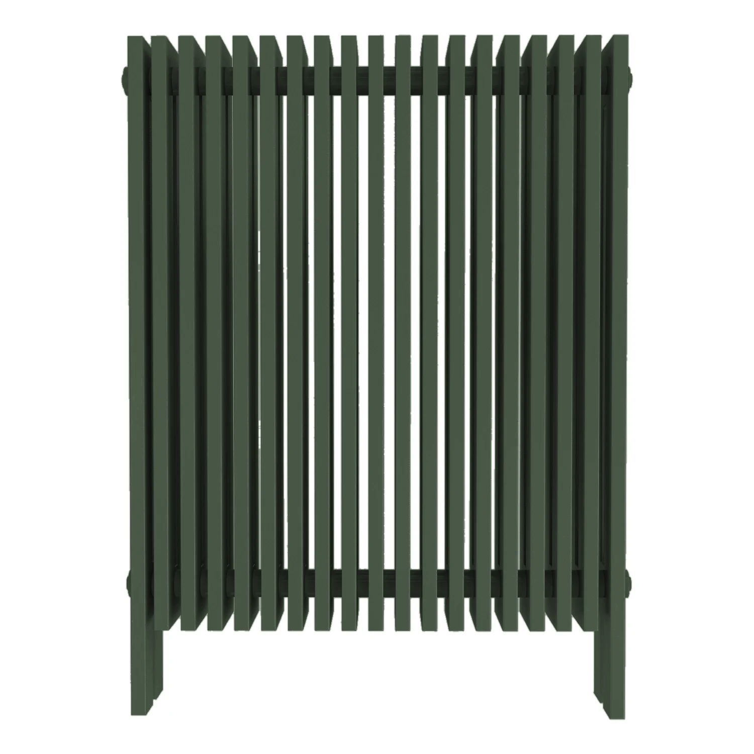 Designradiator Vesta in RAL 6031 legergroen, vooraanzicht op een witte achtergrond