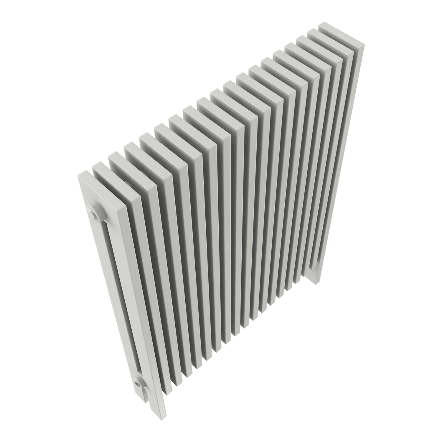 Designradiator Vesta in wit, schuin aanzicht op een witte achtergrond