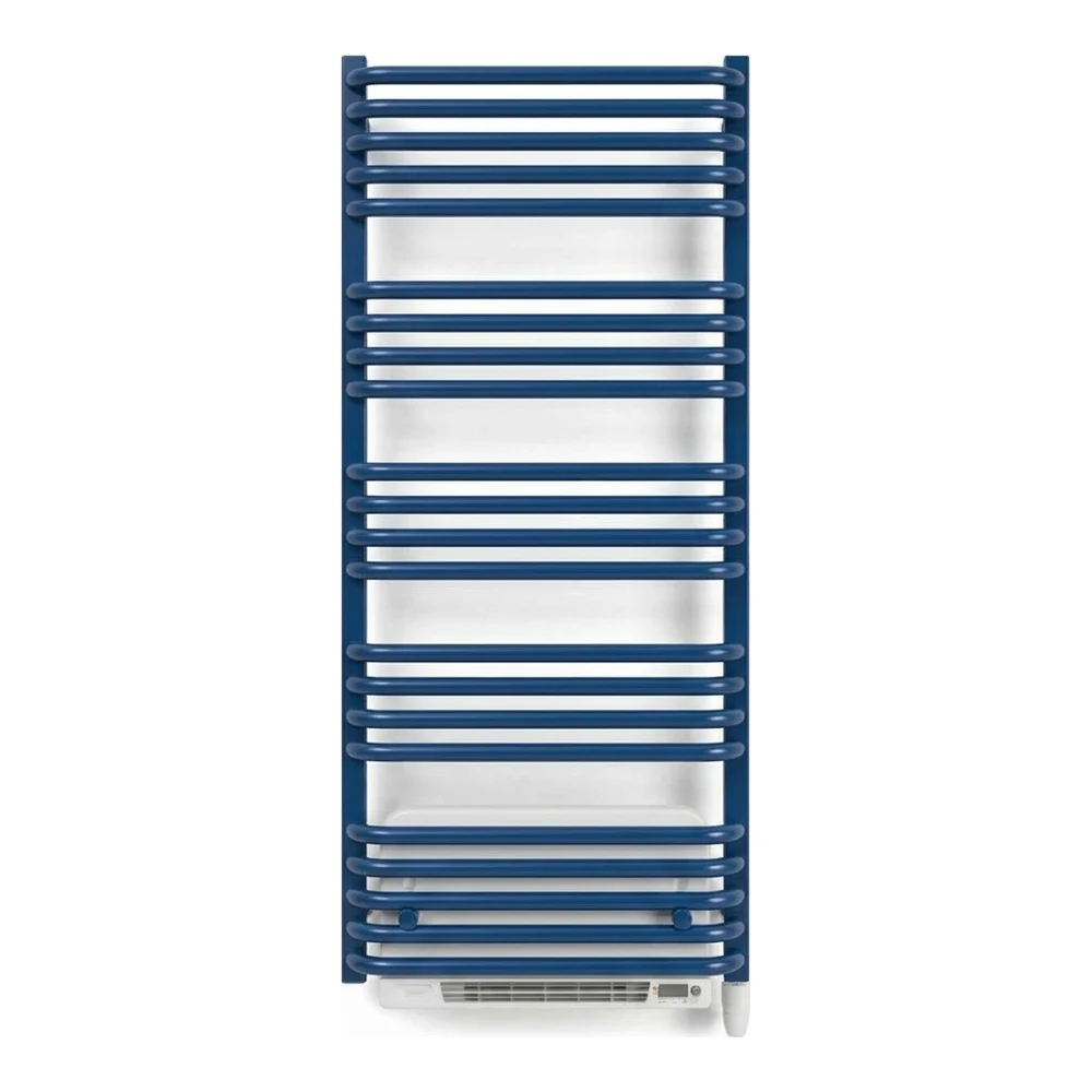 Handdoekradiator Alex Blower met ingebouwde ventilatorkachel, RAL 5003 saffierblauw, vooraanzicht op een witte achtergrond