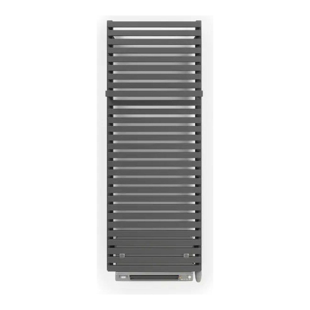 Handdoekradiator City Blower met ingebouwde ventilatorkachel, metallic grijs, vooraanzicht op een witte achtergrond