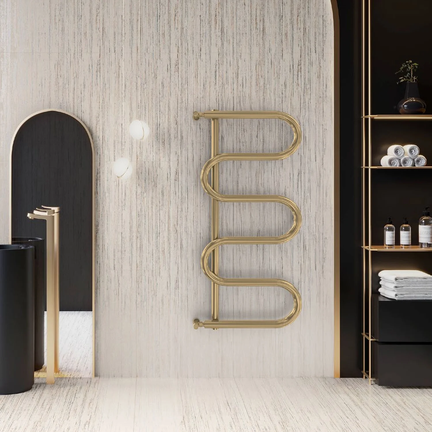Handdoekradiator Ondo in een goudkleurige afwerking aan de wand van een badkamer