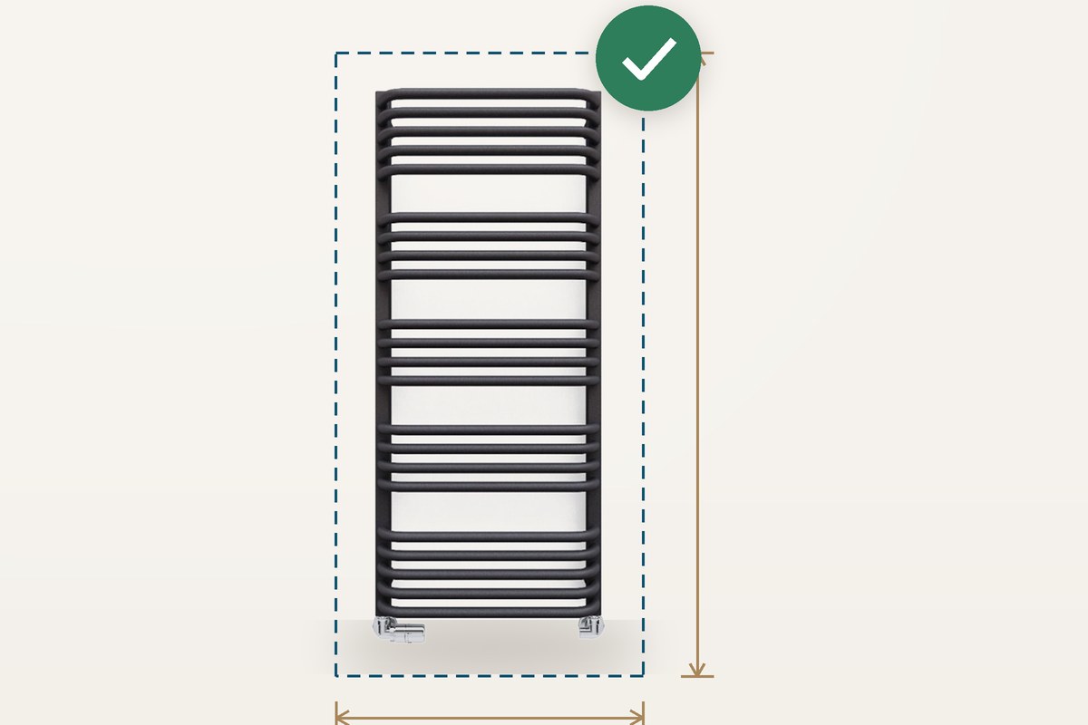 Handdoekradiator in een maatkader met een groen vinkje