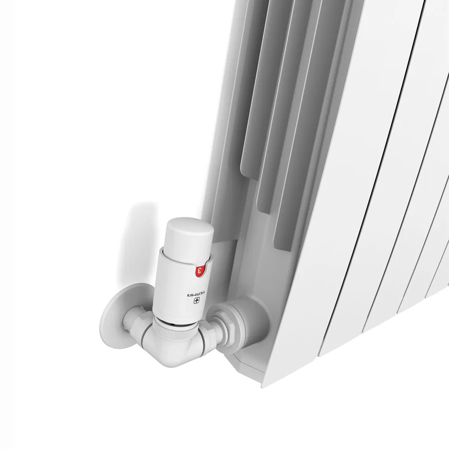 Detail van de aluminium radiator Bergamo met thermostaatkraan op de aansluiting