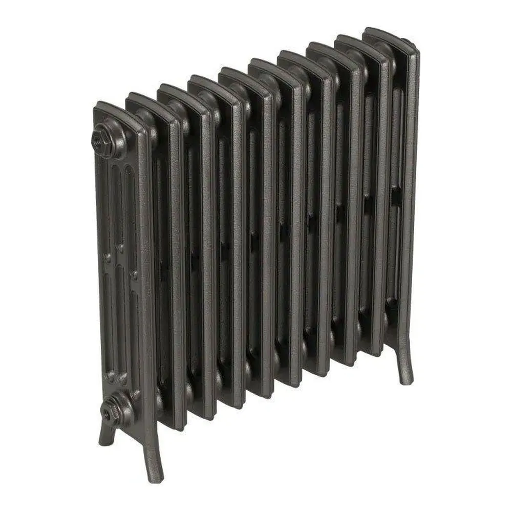 Gietijzeren radiator Stylos in Raw Metal, schuin aanzicht